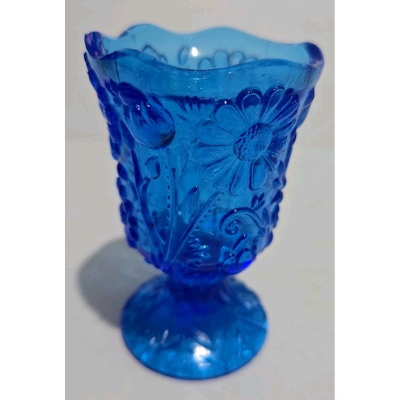 Other - Vintage 80s Cobalt Blue Glass Daisy Toothpick Holder 4" Boho Footed Bud Vase